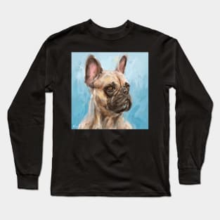 Loose Thick Oil Painting of a French Bulldog on Light Blue Background Long Sleeve T-Shirt